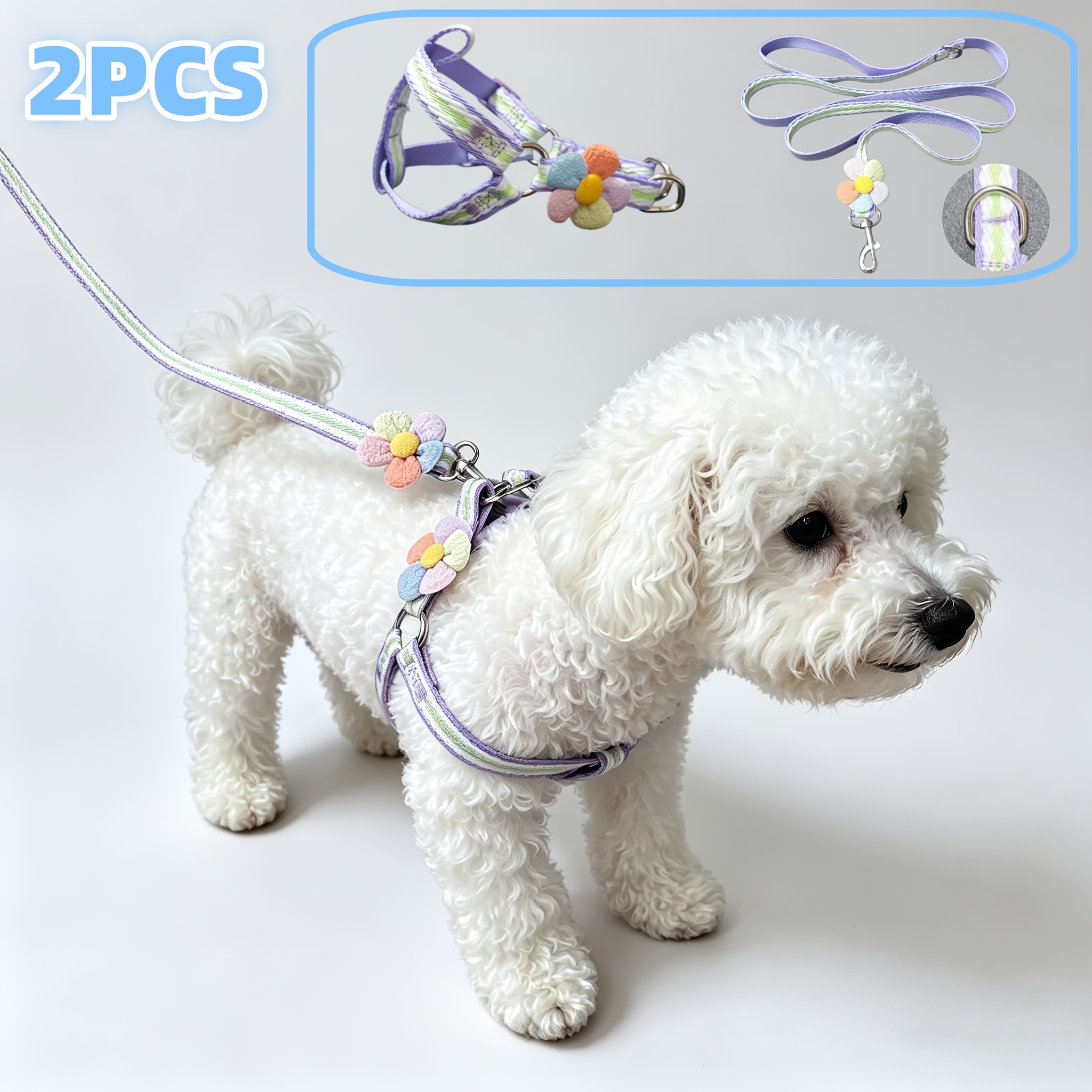 2pcs Striped Pet Harness and Leash Set with 3D Flower Decor