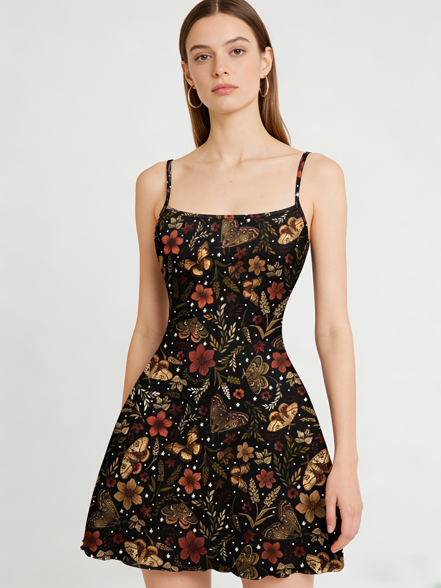 Cute Moth Butterfly Floral Plant Autumn Maple Leaf Moon Star Full-Print Camisole Dress