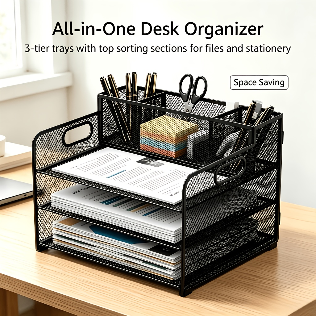TEMU Organisateur de bureau à 3 niveaux en métallique, multi-compartiments, support de rangement pour fichiers et papier, armoire à papeterie de