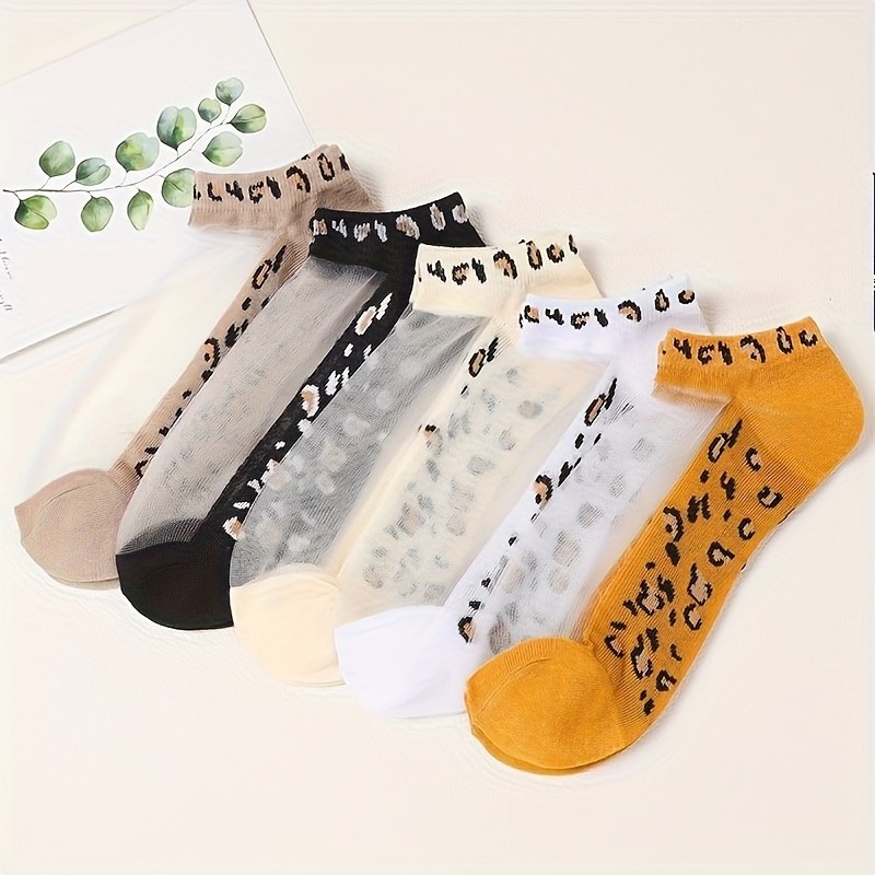 TEMU 5 Pairs Card Crystal Socks Leopard Print Summer Breathable Shallow Mouth Boat Socks Ultra-thin Jacquard Socks Do Not Fall Off With Glass Fiber