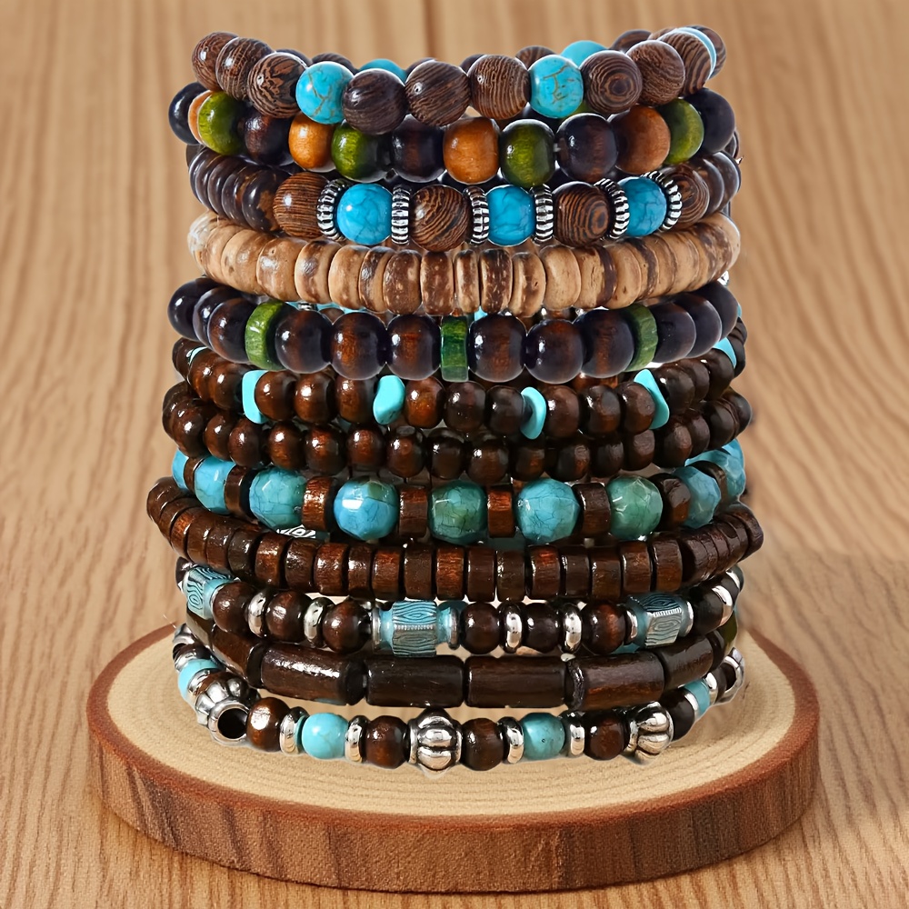 Conjunto de Pulseiras   com Conta Elegante Bohemia - 12 Peçes, Joias em   Madeira Fashionizado Presente para Ela, Lembrancinhas Festivas Charme Vintage Boho Chic Artesanato Durável Pedras Naturais Acessório   Ideal Para Compradores e Festivaleros