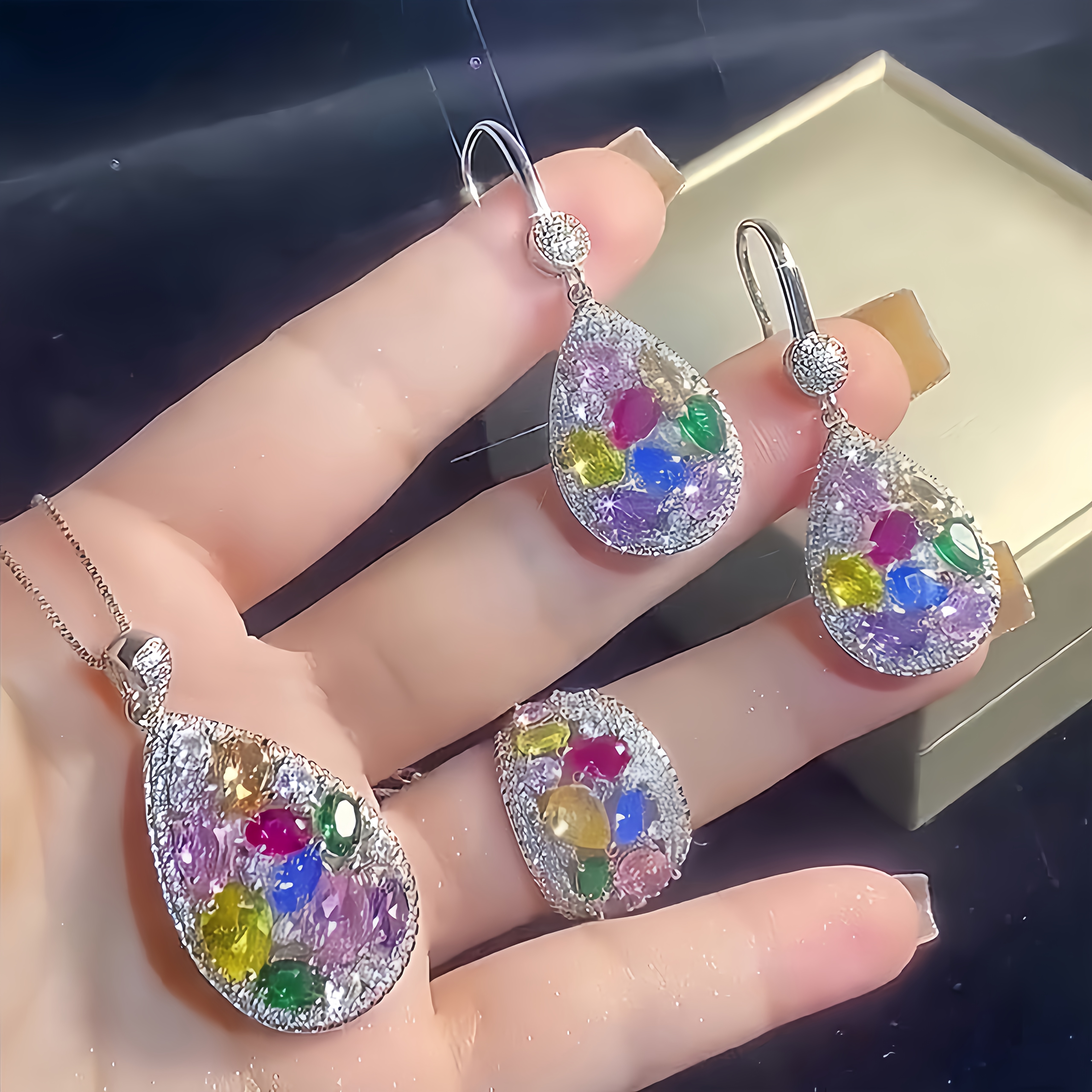 Rainbow Teardrop Pendant Necklace Set