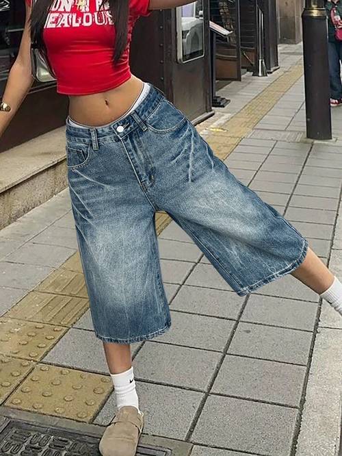 womens vintage street style 3 4 denim shorts wide leg relaxed fit with button closure slant pockets 70 blend spring summer casual wear