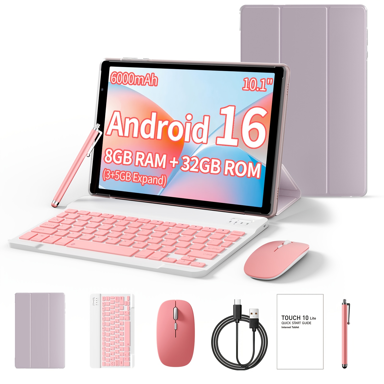TEMU Tablette 16, Rose Pâle Blanc + Ensemble Rose Pâle Blanc, 10 pouces, 8 Go (3 Go + 5 Go) RAM + 32 Go ROM, avec Étui de Protection, , Souris,
