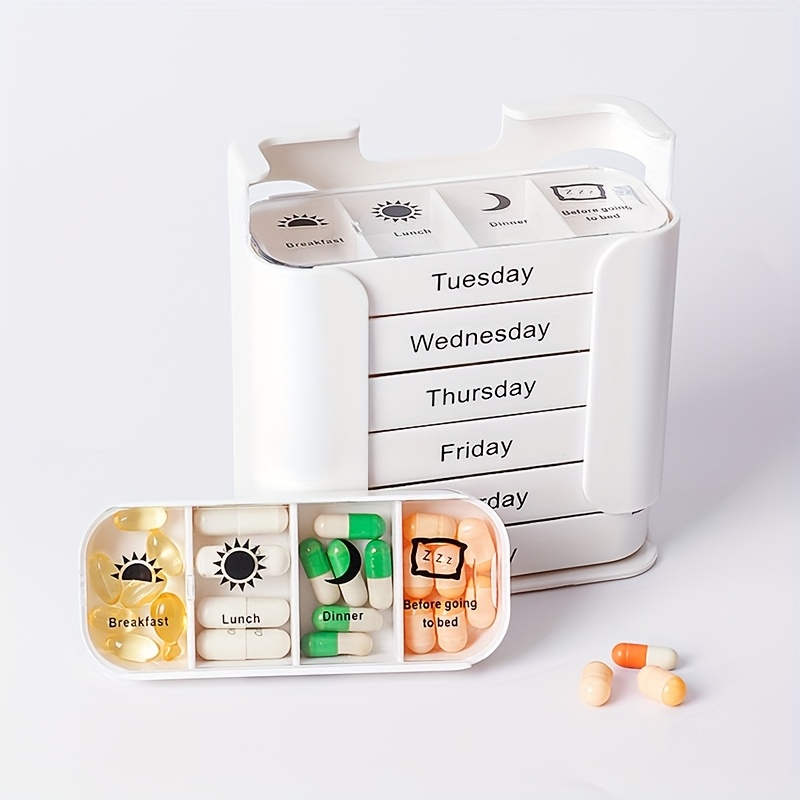 A Large-capacity Portable Pill Organizer For A Week, With Compartments For Daily , Allowing For Morning, , Evening, And Bedtime