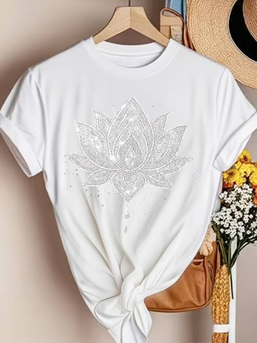 womens lotus print t shirt casual short sleeve crew neck top boho graphic tee summer fashion