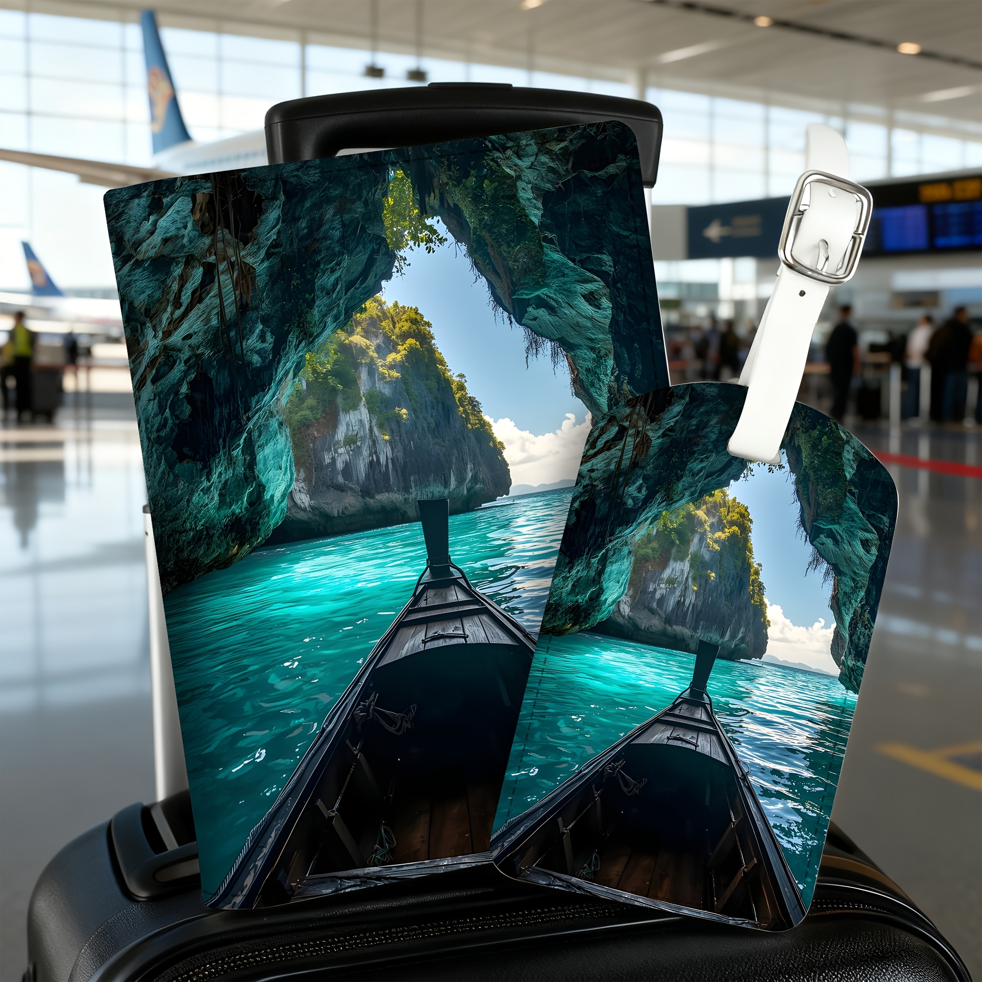 TEMU Juego de 2 porta pasaportes con diseño de cueva tropical marina y vista de barco, etiqueta de equipaje, material de PU , adecuado para bolsas de