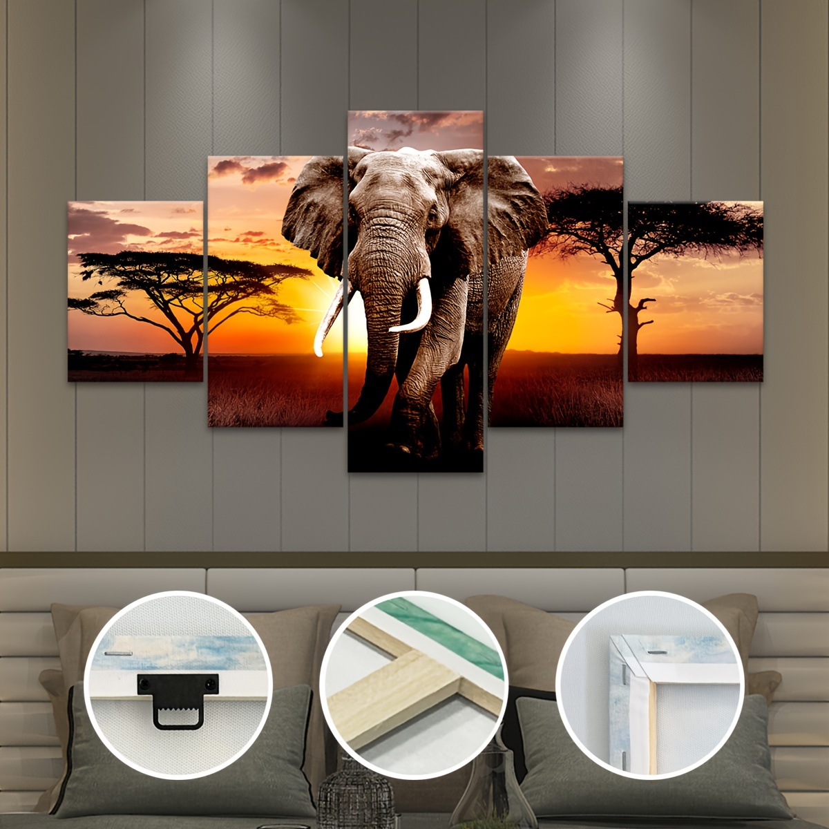 

5pcs/set Wooden Framed Canvas Poster, Modern Art, Sunset Animal Elephant Canvas Poster, Ideal Gift For Bedroom Living Room Corridor, Wall Art, Wall Decor, Winter Decor, Wall Decor, Room Decoration