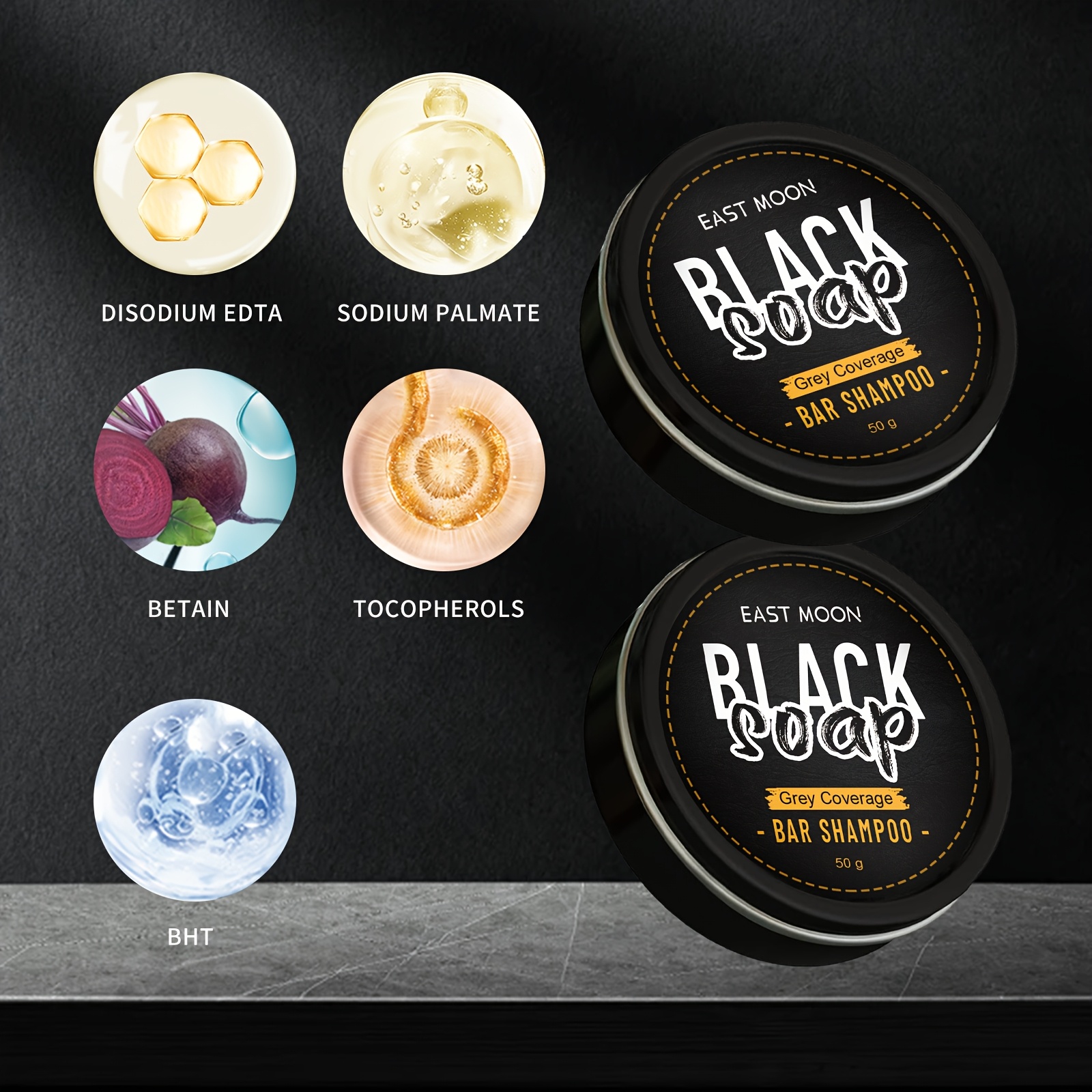 2-Pack Black Hair Soap for Men, 50g Each, Phthalate-Free, Spice Scented, Glycerin-Enriched, Moisturizing & Cleansing, All Skin Types, Body Use, Strengthens & Brightens Hair