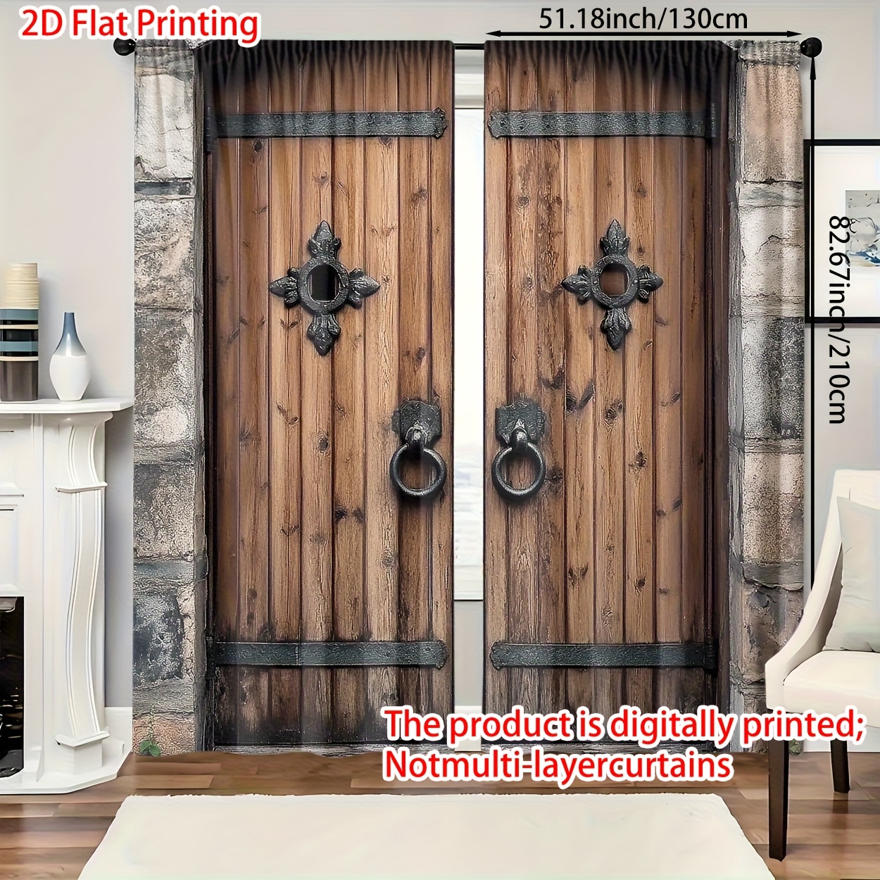 TEMU 2pcs, 2d Flat Printing, Material, High Definition Digital Printing Simulation Wood Grain Pattern Printing, Shading Curtains, Suitable For