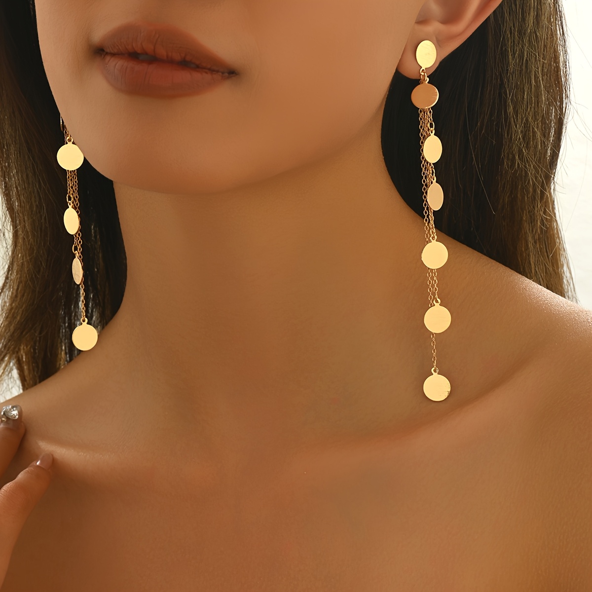 1 Pair Lxalry Minimalist Geometric Metal Earrings For Women - Multi-strand Layered Circular Pendants, Long Dangle Elegant Everyday Jewelry, Versatile Accessory