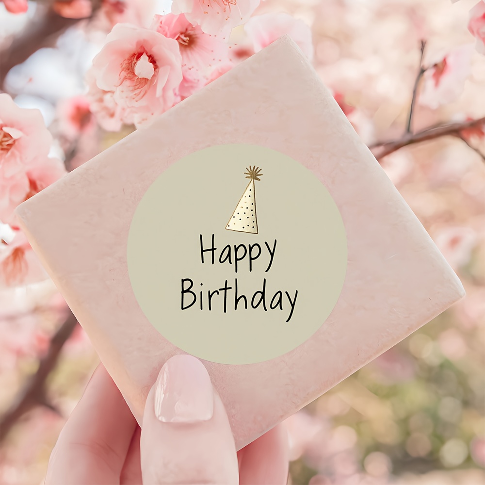 Image of 48pcs Luxury Birthday Round Stickers - Party Hats And Handwritten Font Design, For Birthdays, Celebrations, Envelopes, Gift Boxes, Party Decorations, Expressing A