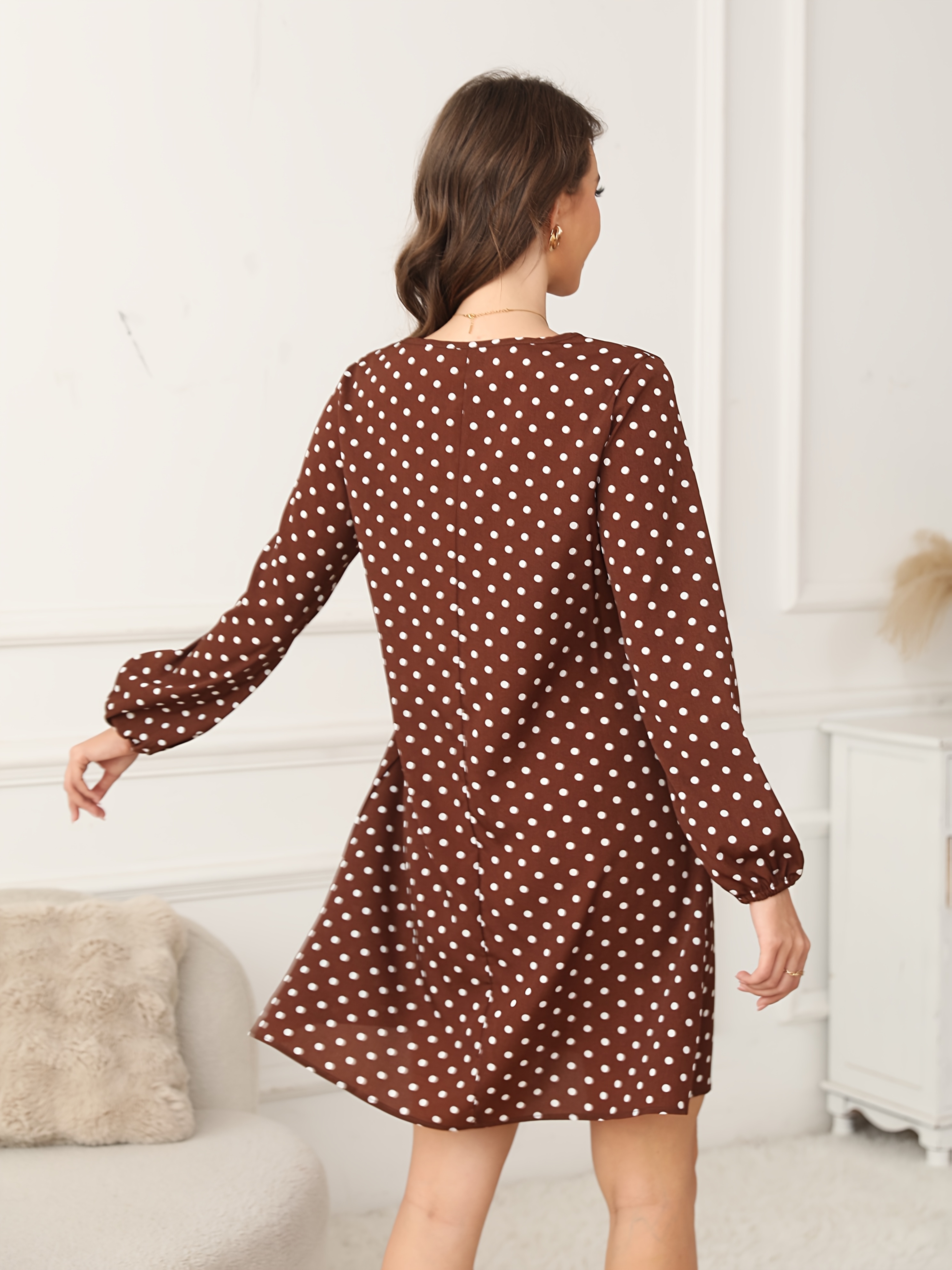 brown long sleeve polka dot dress Polka Dot Ruffled Mini Dress