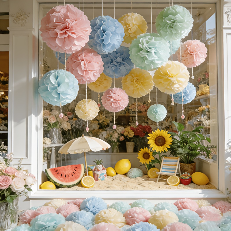 TEMU Christmas, Halloween, 17pcs Pastel Paper Pom Poms โ Hanging Floral Balls, Suitable For Birthday, Wedding, And Summer Party Decorations, As Well
