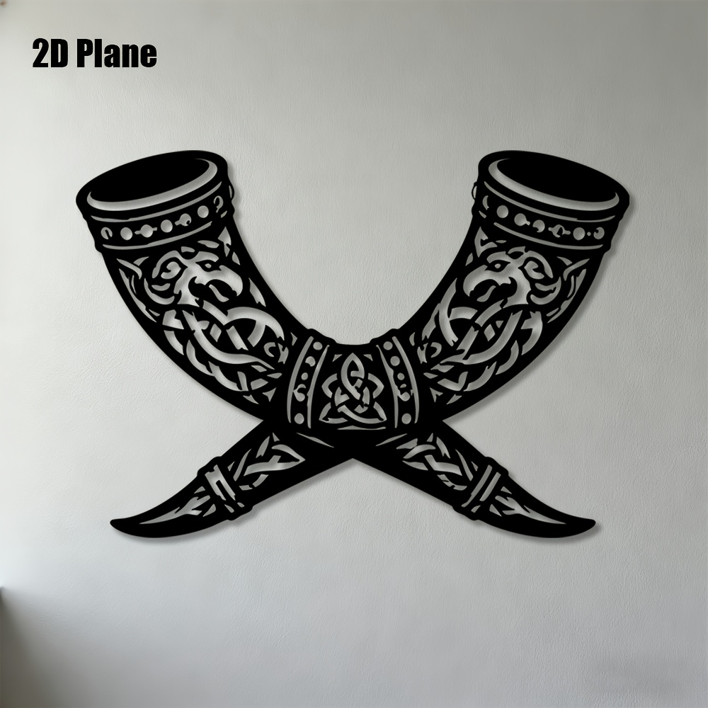 TEMU 2d Flat - 1pc, 2d Flat, Wall Sculptures, Viking Drinking Horns With Celtic Patterns Metal Wall Art, Perfect For Living Room, Bedroom, Office,