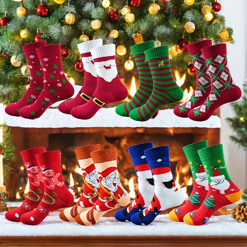 

8-pack Christmas Holiday Socks Set Polyester Knit Fabric With Santa, Trees, And Gingerbread Patterns, Breathable Cozy Crew Socks With Stretch, Unisex Gift For