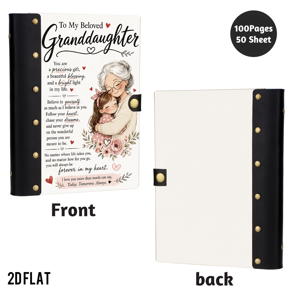 TEMU 1pc To My Granddaughter Wooden Hardcover Executive Notebook, Precious Gift Heart And Floral Cover, Leather Rivet Blank Lined Journal, Family
