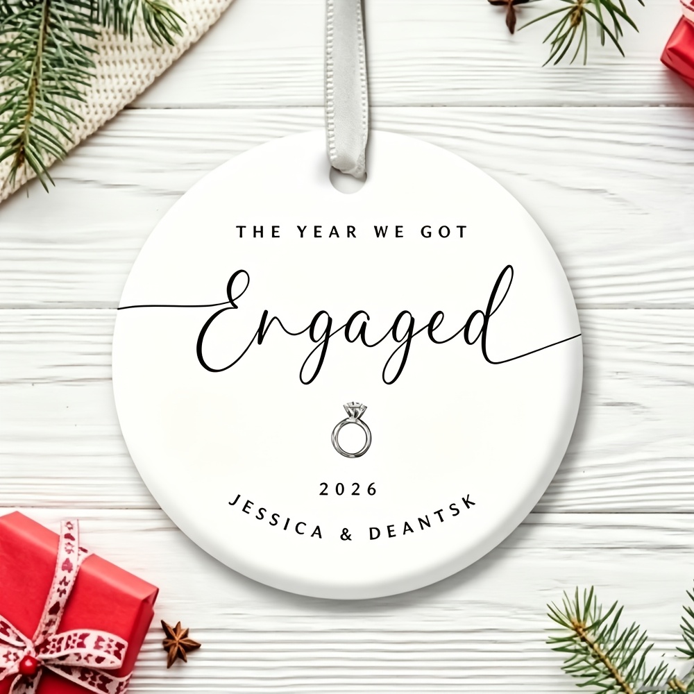 [custom] 1pc Engaged In 2026 - Personalized Couple Hanging Ornaments - Diamond Ring - Customized Engagement With Names And Dates - Romantic Engagement Gift For - Ceramic Decor