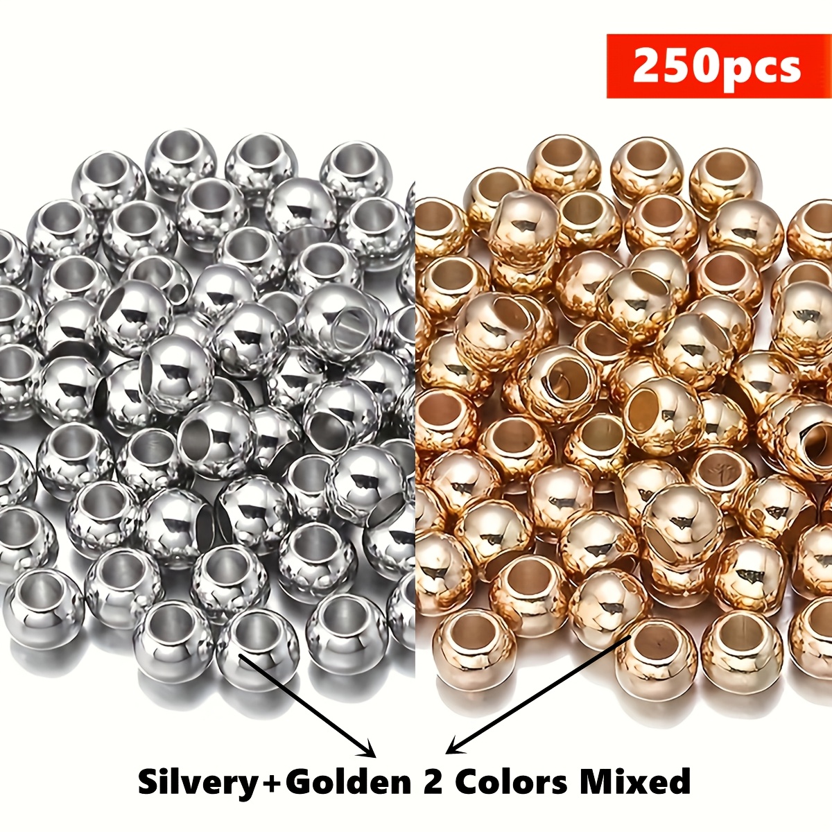 TEMU 8mm 250pcs Golden And Silvery Large Hole Round Beads Acrylic Beads For Diy Decors Handmade Craft Diy Making