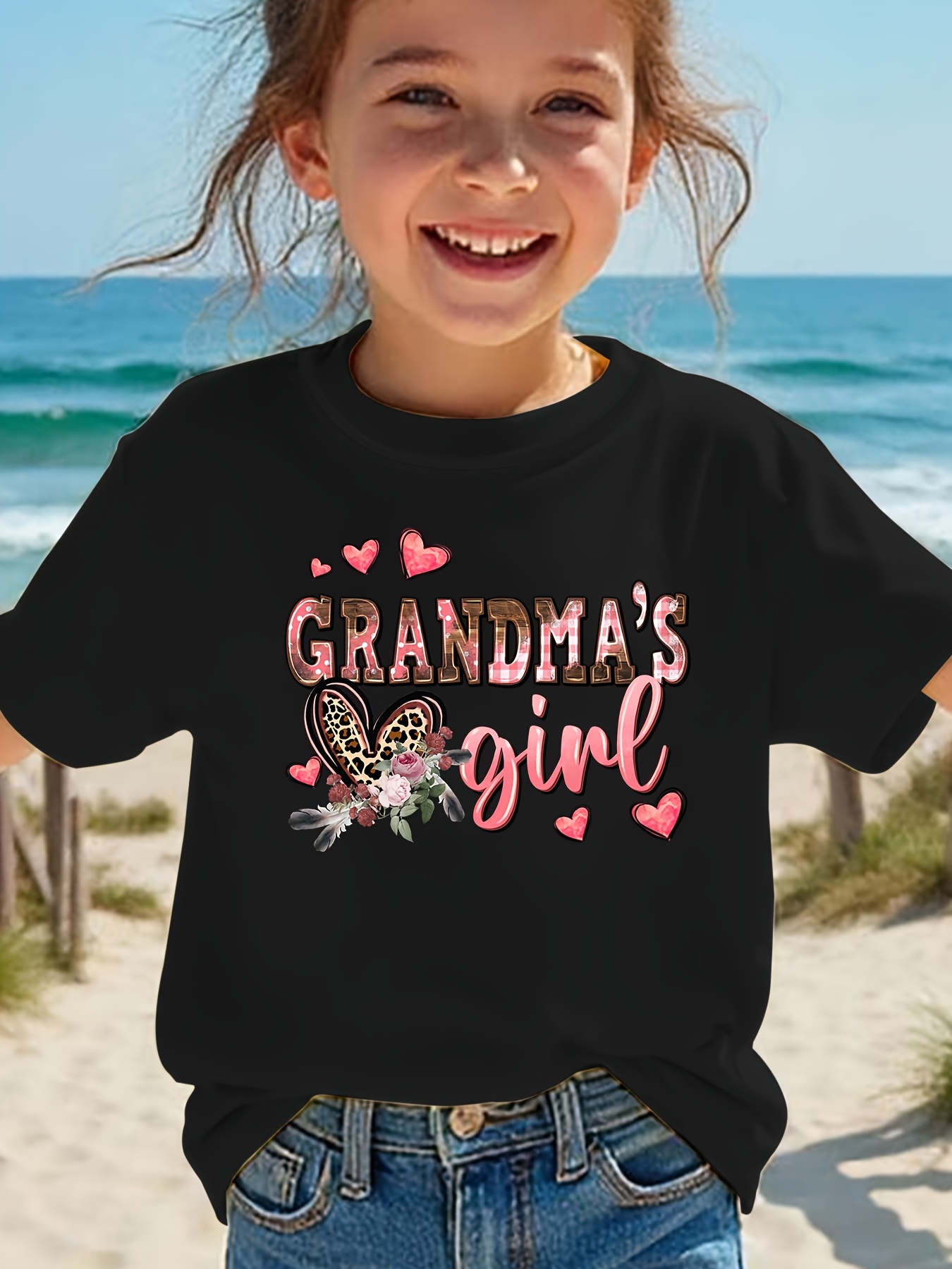Girls' Short Sleeve T-Shirt "GRANDMA's GIRL" Letter Print Summer Fashion Casual Top NYDX4092