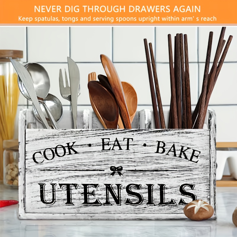 TEMU Extra Large Kitchen Utensil Storage Rack - Farmhouse Style Countertop Storage Box With Slots For Spatula, Whisk, Fork - Space-saving Cabinet