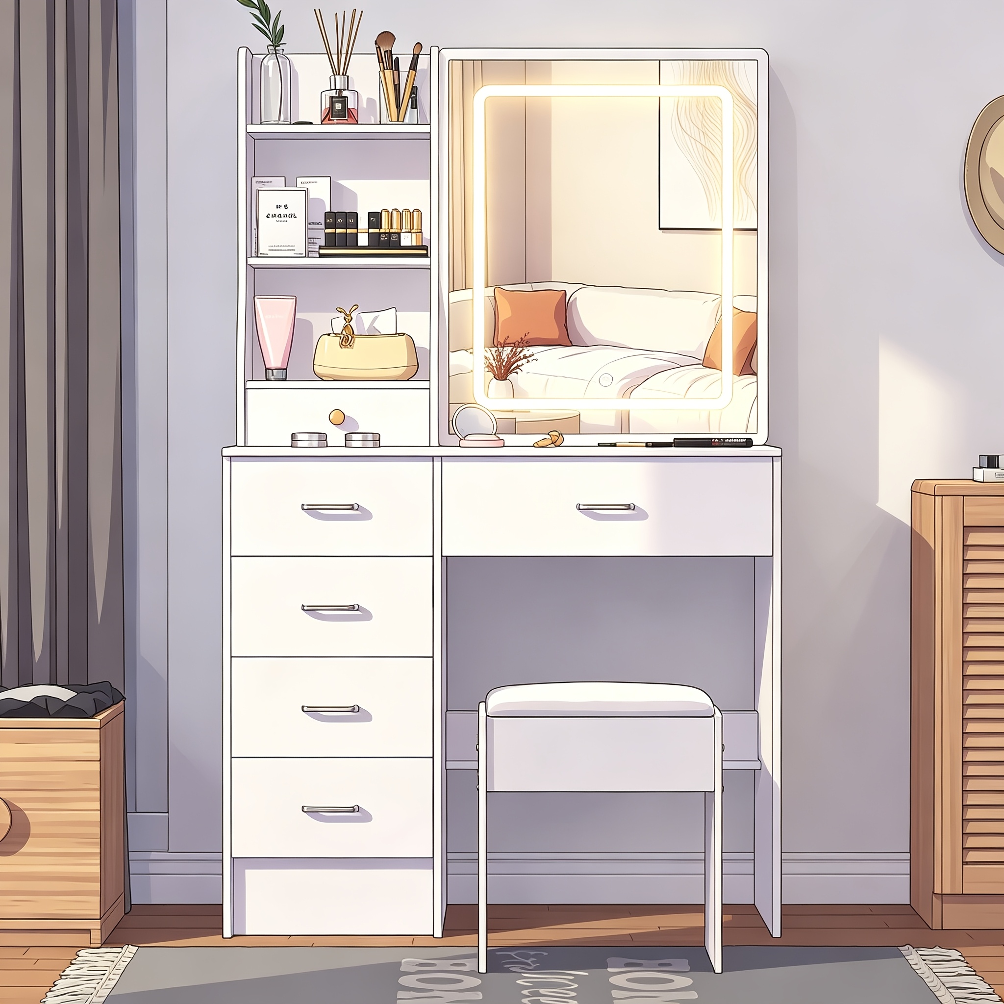 Image of Vanity Desk With Sliding Led Lighted Mirror & Stool, 3 Color Dimmable Makeup Vanity With 6 Drawers, Open/hidden Shelves, White Dressing Table With Hutch For Bedroom