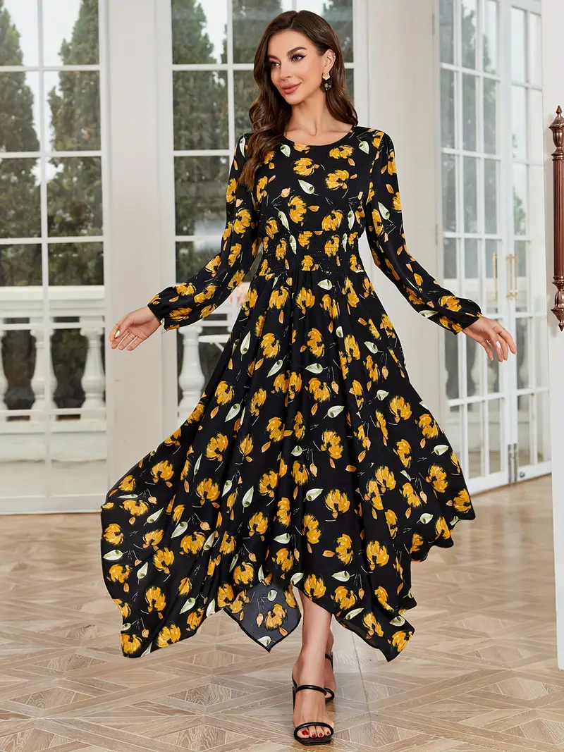 black dress with white flowers long sleeve Long Sleeve Crystal Floral A Line Dress Black White