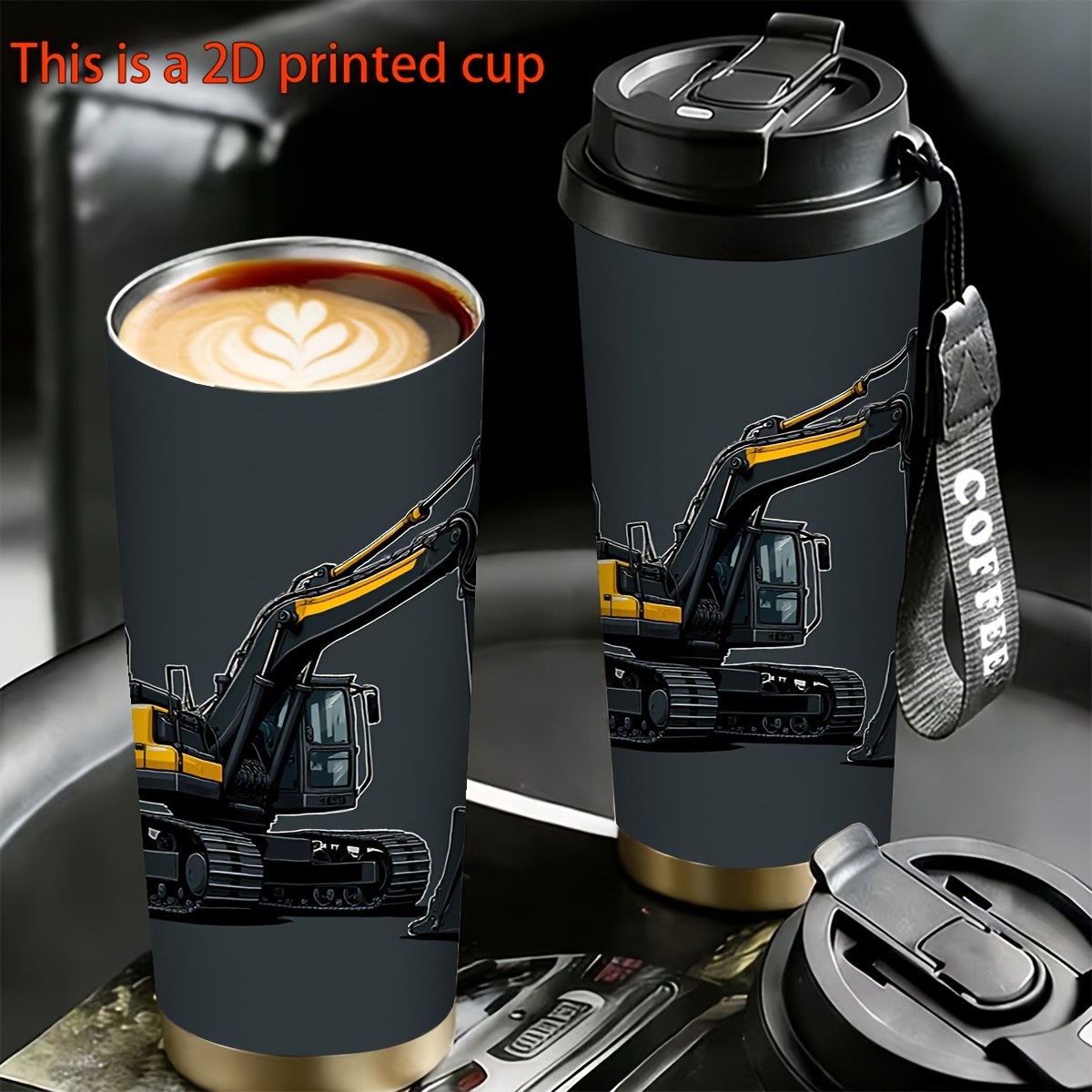 TEMU 1pc 18oz Stainless Steel Insulated Tumbler & Coffee Cup, With Excavator Pattern, 2d Printing, Leak-proof, Office Mug, Commuter Mug, Perfect
