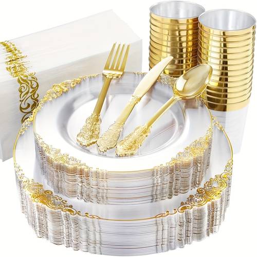 95 piezas de vajilla transparente con diseño dorado, 30 cuchillos, tenedores y cucharas, 10 platos de de 7.5 pulgadas, 10 platos de cena de 10.25 pulgadas, 20 tazas, 25 servilletas