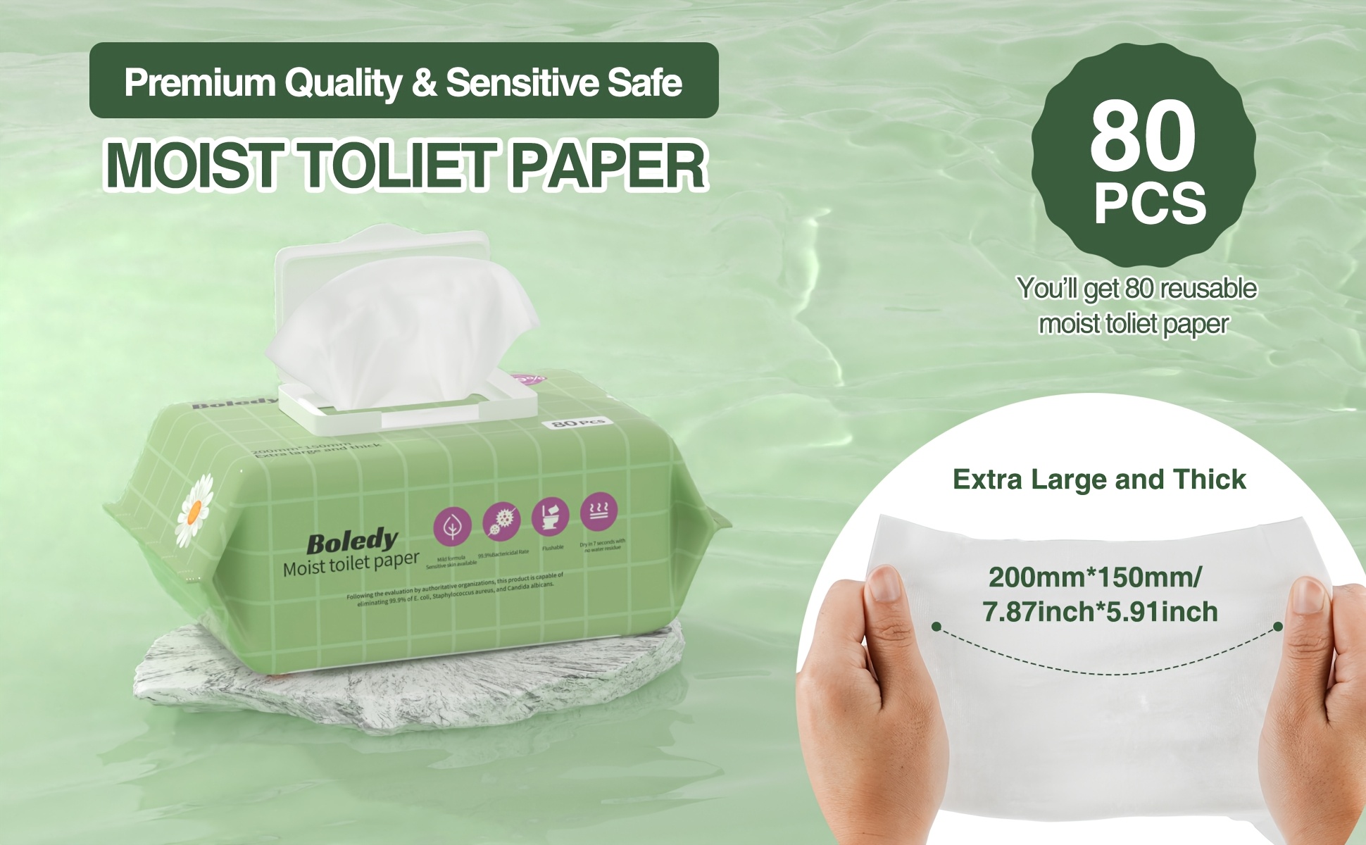 480 Boledy Wet Wipe Toilet Paper, Flushable Tissue, Single Sheet Form, NoDye, For Home Use (6 Packs)