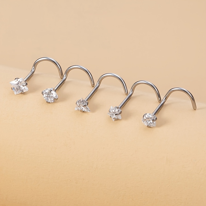 5pcs Synthetic Zirconia Nose Ring Set Nose Piercing Stud Nostril Bar Stainless Steel Screw For Women Nariz Bone Body Jewelry 20 Gauge