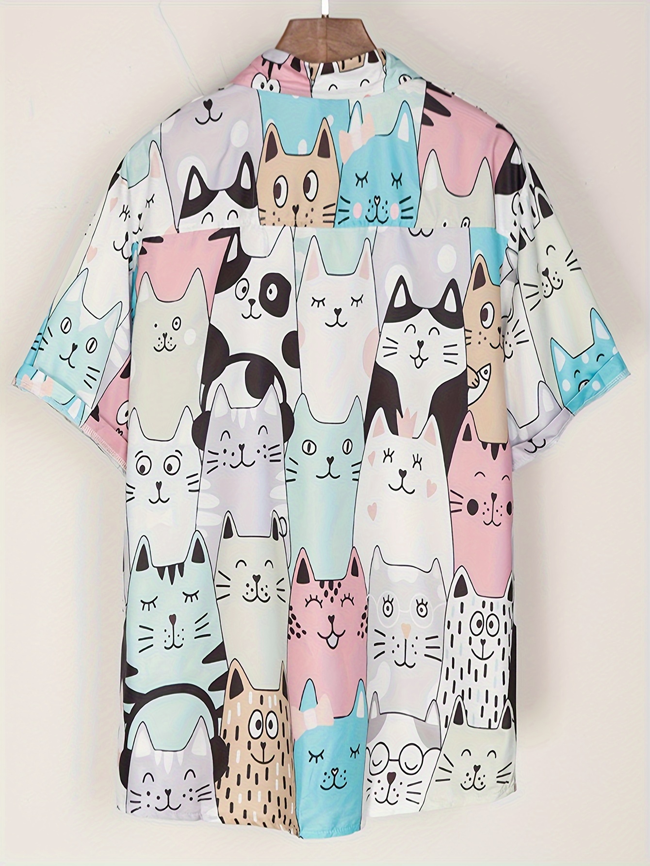 Women's Cute Cartoon Cat Print Short Sleeve Shirt Casual Button-Up  Collar, Lightweight Summer Blouse in Pastel Colors Vacation or Casua
