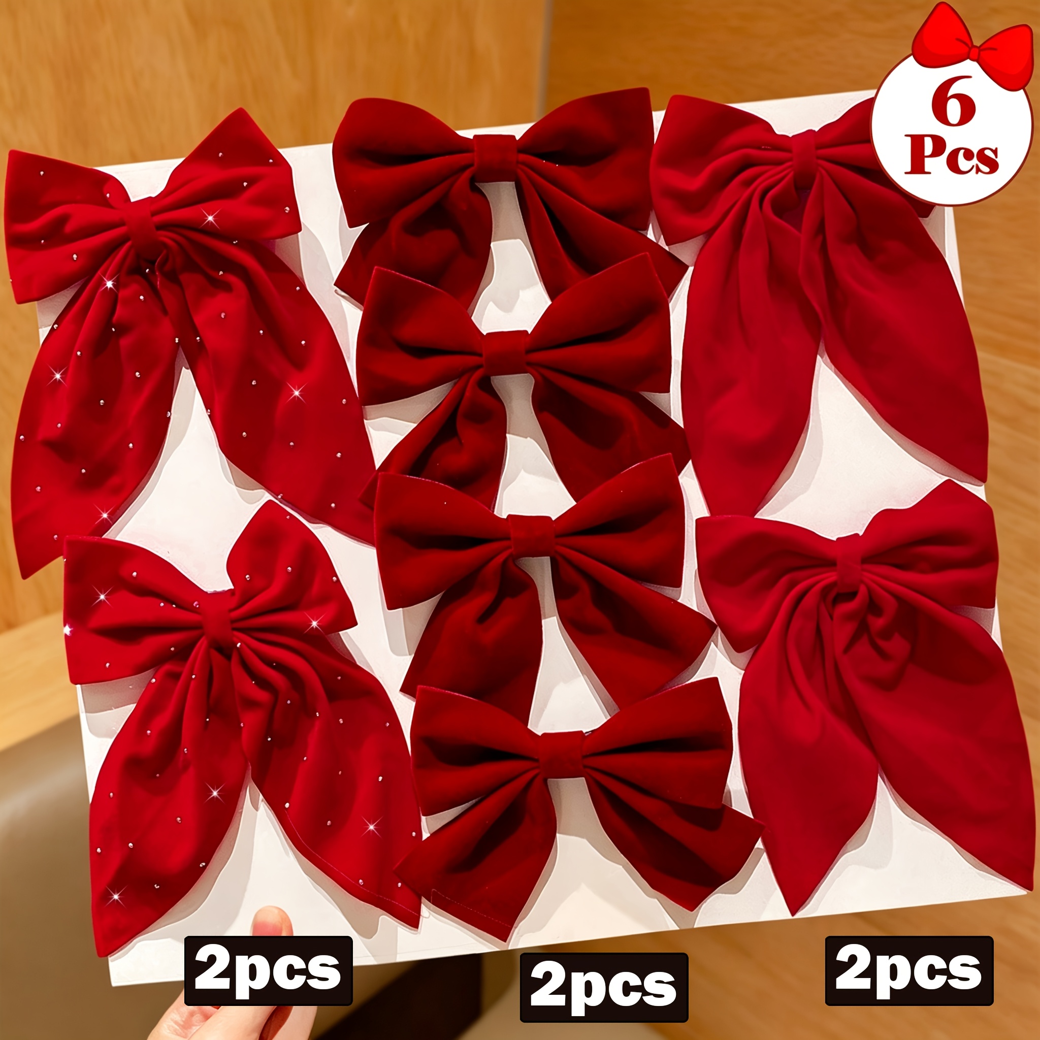 TEMU 6pcs Velvet Bow Hair Clips, Vintage Burgundy Velvet Bow Hair Additions, Rhinestone Ribbon All-match Headwear