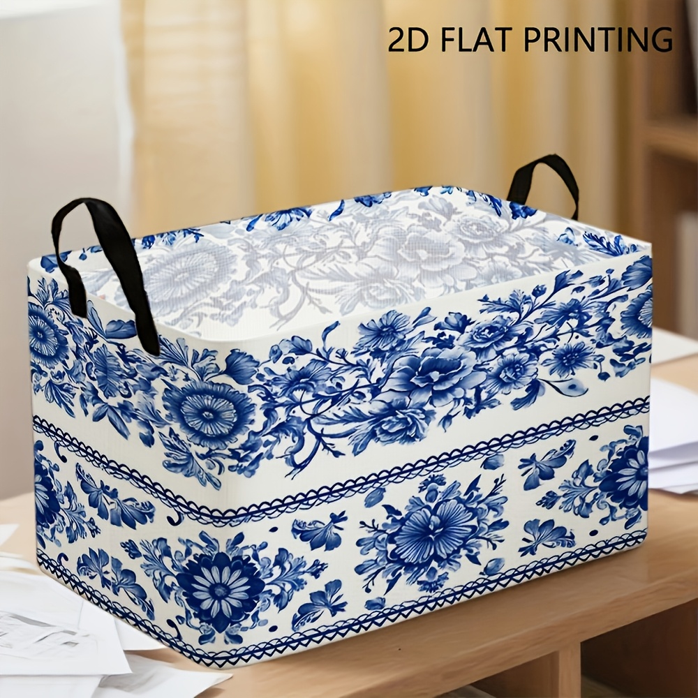 TEMU 1pc Dokriy Large Foldable Laundry Basket With Handle - Chinese Blue-and-hammerscale White Porcelain Floral Storage Organizer Suitable For
