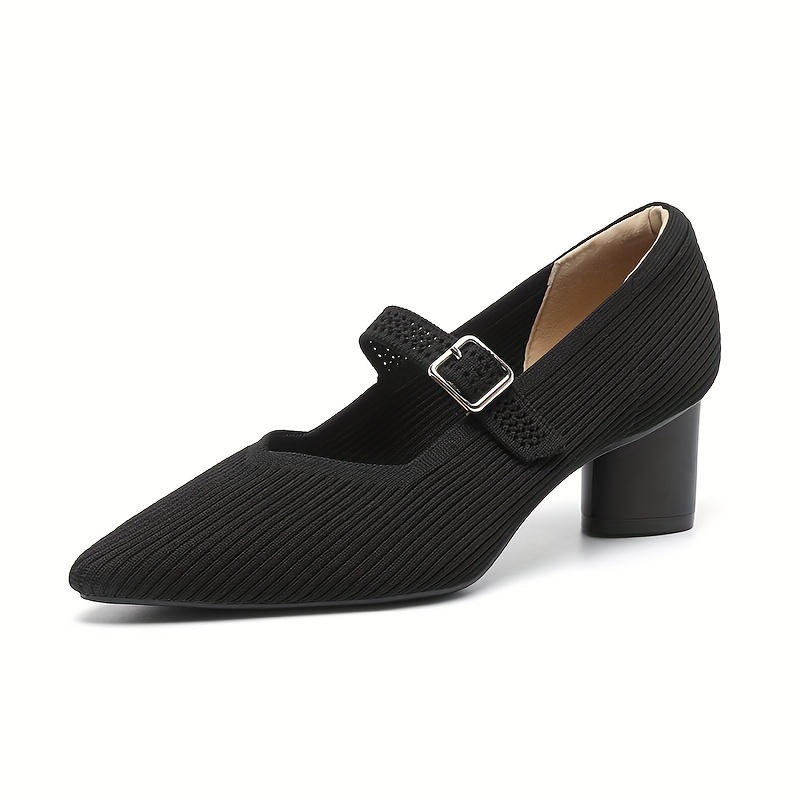 TEMU Knitted One-strap Shallow Chunky Heel Shoes, Retro Mary Janes With Straight Texture, Perfect For Commuting, Shopping, And Parties, Versatile And