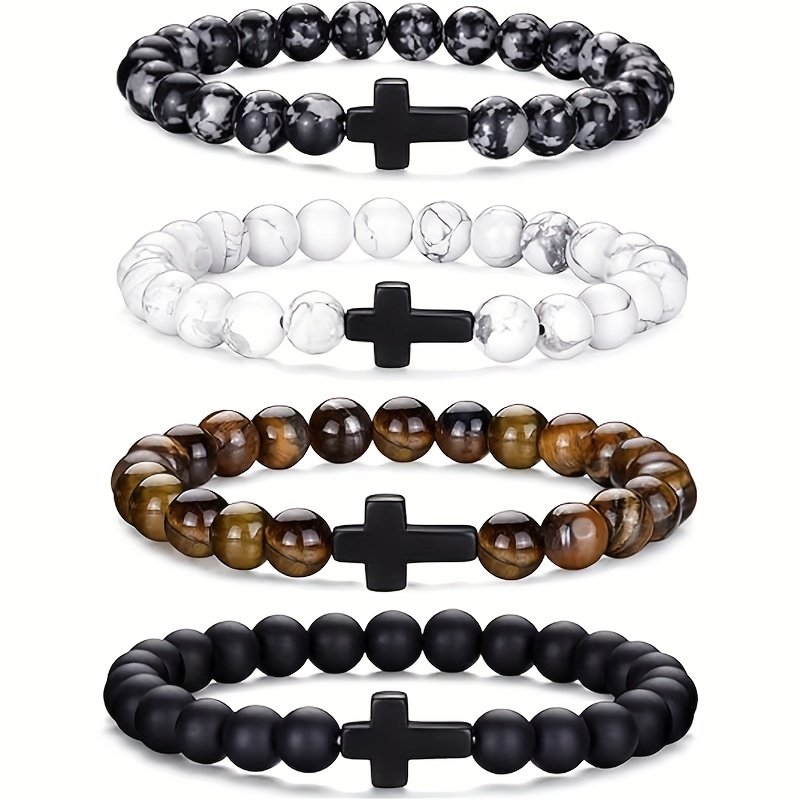 Image of A Stylish 4pcs Set Featuring Turquoise And Black Stone Elastic Bracelets. This Natural Stone Bracelet Set Is Suitable For Couples, Unisex, Versatile, And Visually Appealing