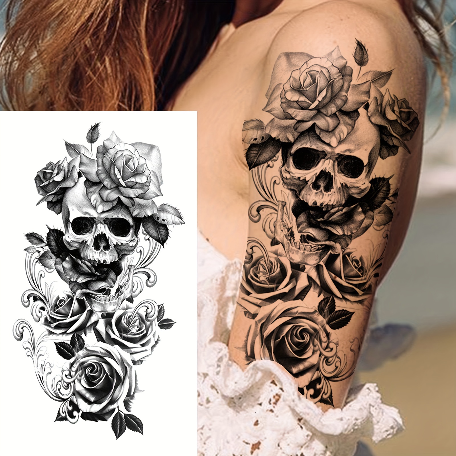 

Black And Roses Temporary Tattoo Sticker - Waterproof, Arm Art, Adult Body, Women's Tattoo Patches - Rectangle Shape