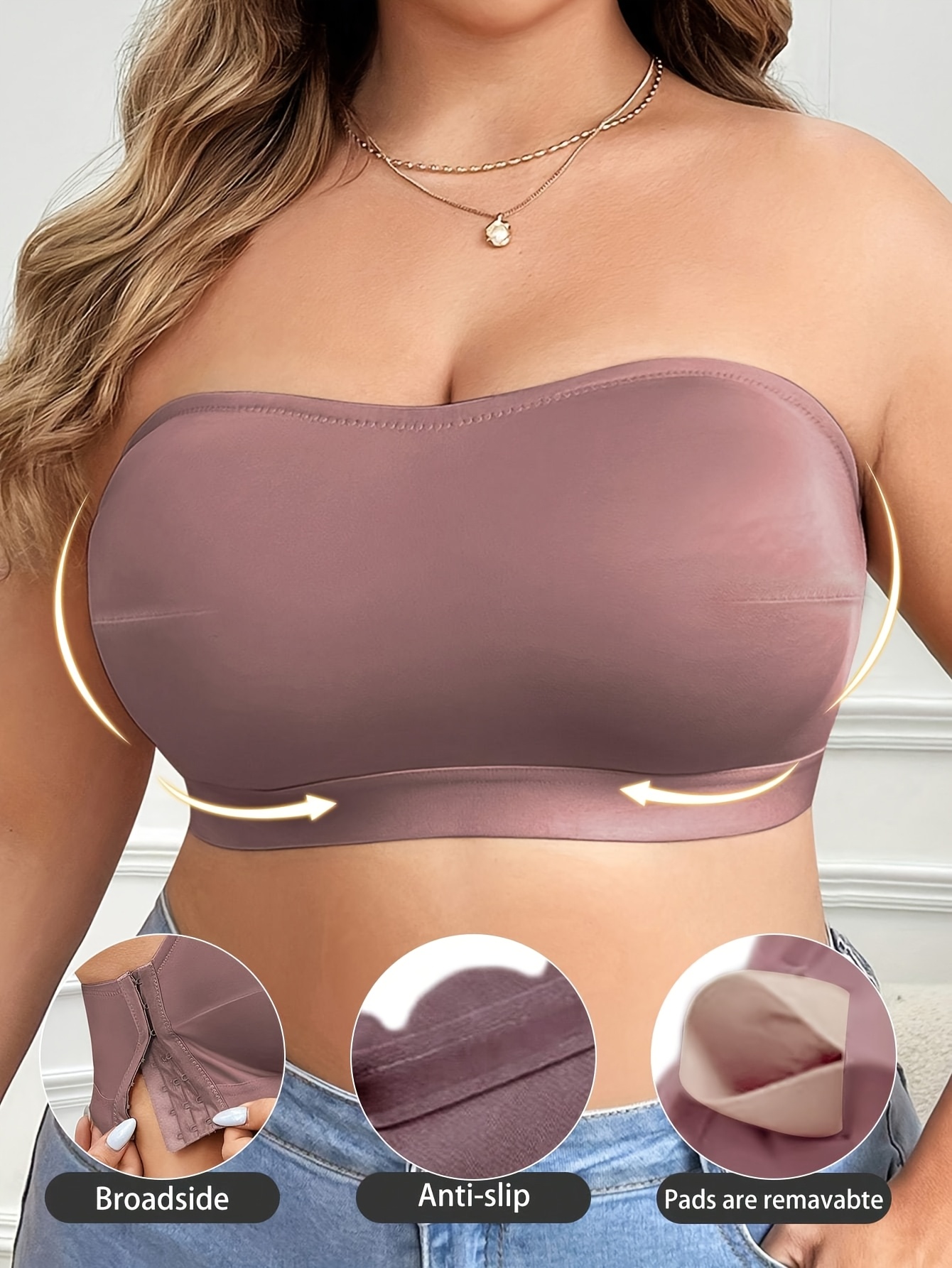 Plus Size Women's Comfortable Bra with Removable Chest Pads - Soft Stretchy Solid Color Round Neck, Side Opening Design & No Underwire, Machine Washable for Everyday & Special Occasions (Casual to Formal Wear)