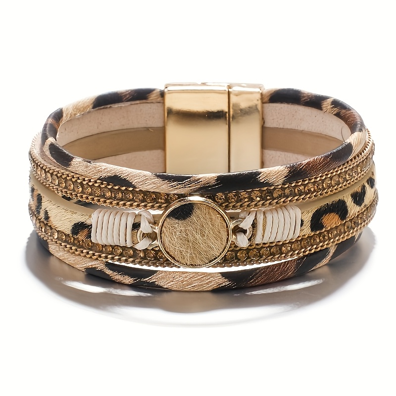 TEMU Bracelet Bohème Rond à Breloque Léopard Artificiel pour Femme, 1 pièce, Bracelet Enveloppant à Strass, Bijoux Bracelets et Bracelets Rigides ,