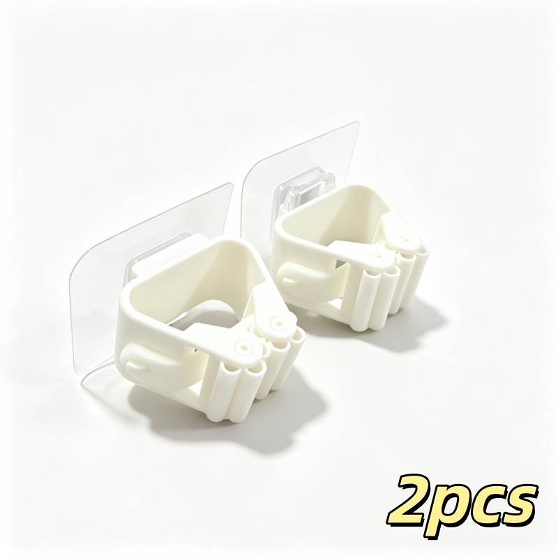 TEMU 2pcs No-drill Mop And Broom Holder - Heavy-duty Adhesive Wall-mounted Storage Hooks, Universal Cleaning Tool Organizer For Bathroom, Toilet,