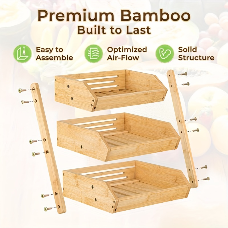 3 tier bamboo fruit basket stand for kitchen countertop bamboo products open slat design for air circulation   bread vegetables and home   self assembly fruit basket for kitchen details 4