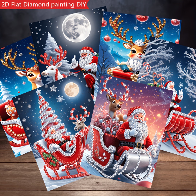 TEMU 2d Flat 6pcs Set Santa Reindeer Sleigh Diamond Painting Greeting Card Set, Handmade, , Santa Riding Red Decorated Sleigh, Cute Reindeer,