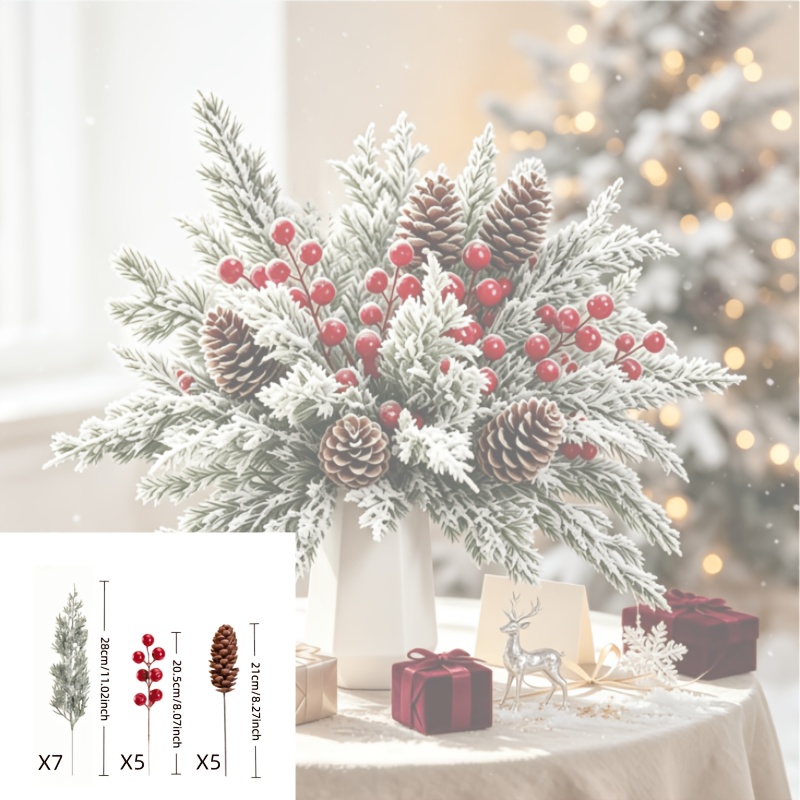 TEMU 17pcs New Christmas Artificial Floral Arrangement - Plastic Pinecones And Red Berries With Norfolk Pine Branches Set, Suitable For