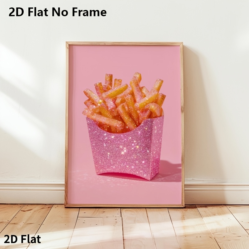 E-shop 2D Flach, 2D Flach, . 2D Flach Glänzende Pommes Frites Rosa Kunst Poster, Glänzende Pop Art, Küchen Wandkunst Dekoration, Ungerahmter