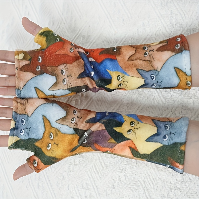 Image of A Pair Of Cozy And Soft Long Gloves With A Plush Cat Lover Print, Suitable For Spring, Autumn, And Winter Wear