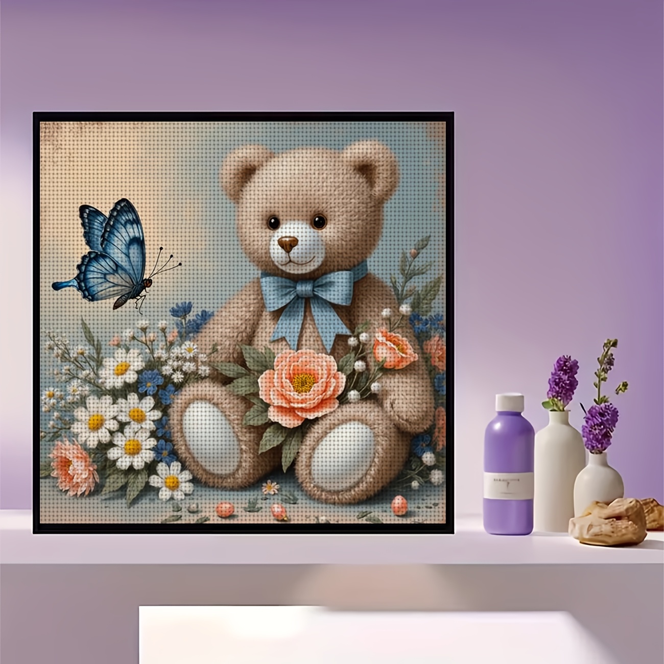 DIY Cross-Stitch Printed Kit - Teddy Bear and Flower Butterfly Design