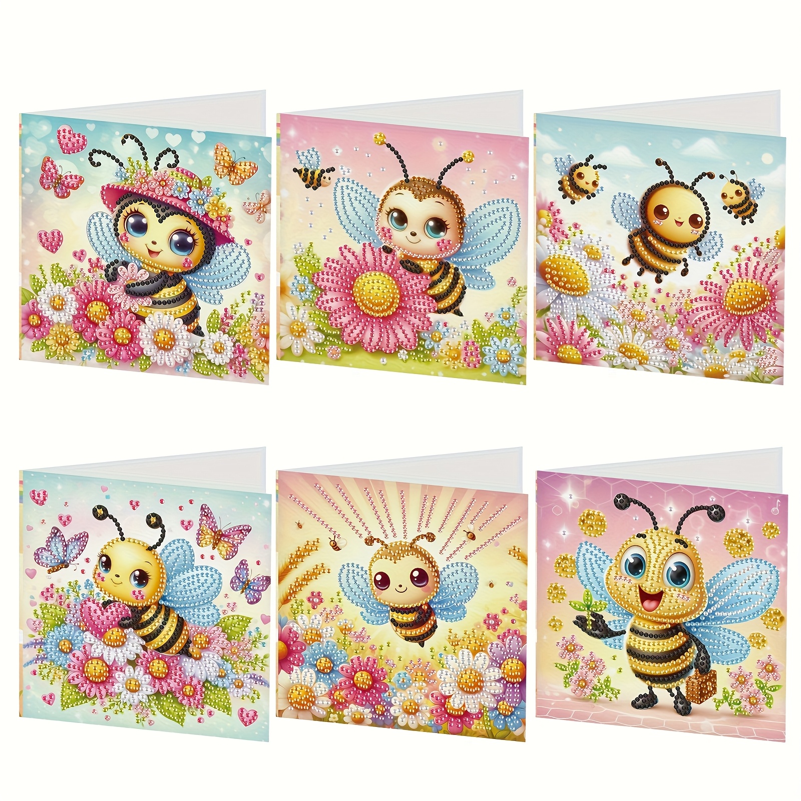 TEMU 6 Pack Diy Bee Diamond Painting Greeting Cards With Envelopes - Handmade Holographic Glitter Birthday & Holiday Cards, Cute Bee & Floral Designs