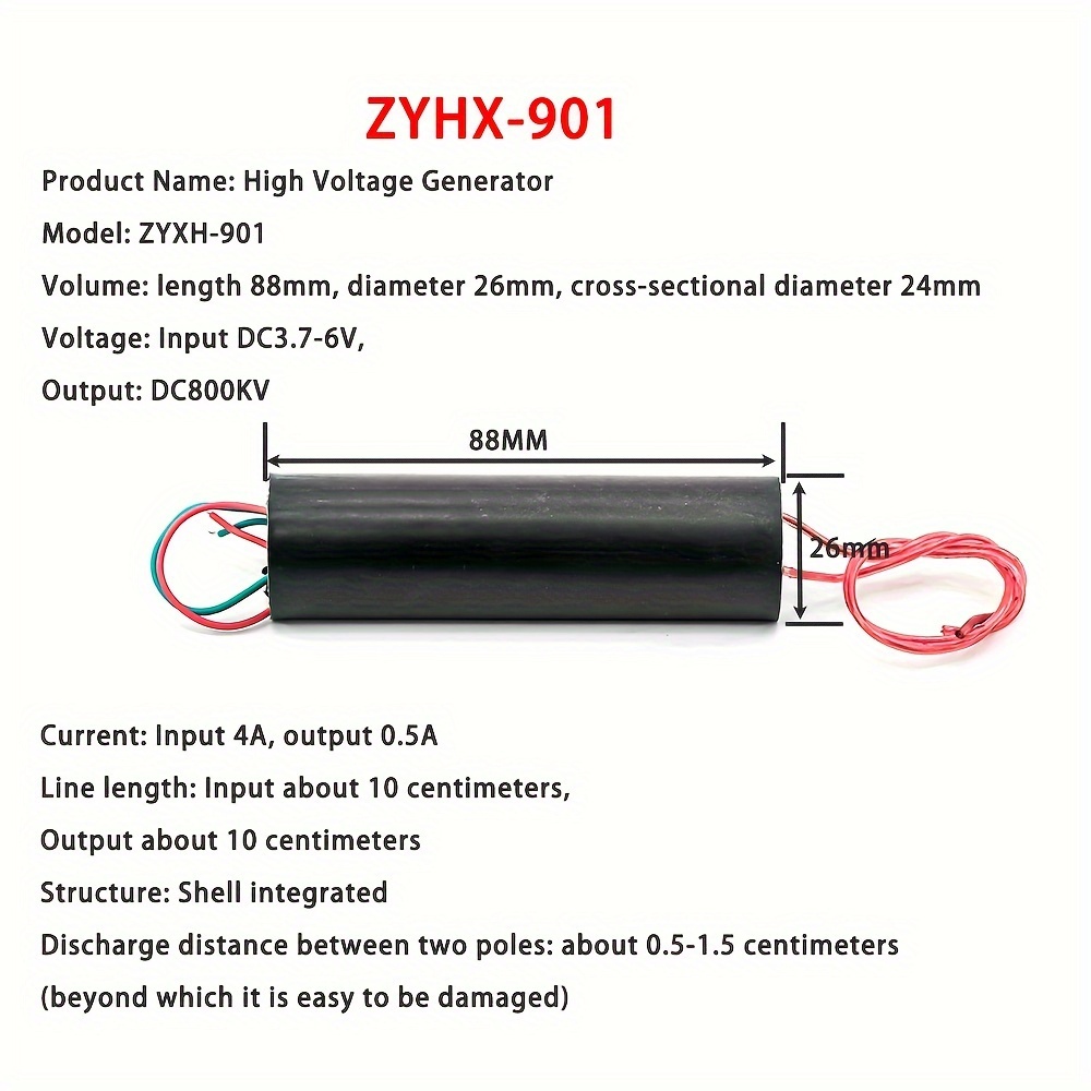 

800kv Boost , Zyhxy-901 High Voltage Pulse Generator, Dc 3.7v-6v Input To 800kv Output, Ignition Coil Transistor Inverter For Diy Projects, Plastic Black Uncharged Module Without Battery