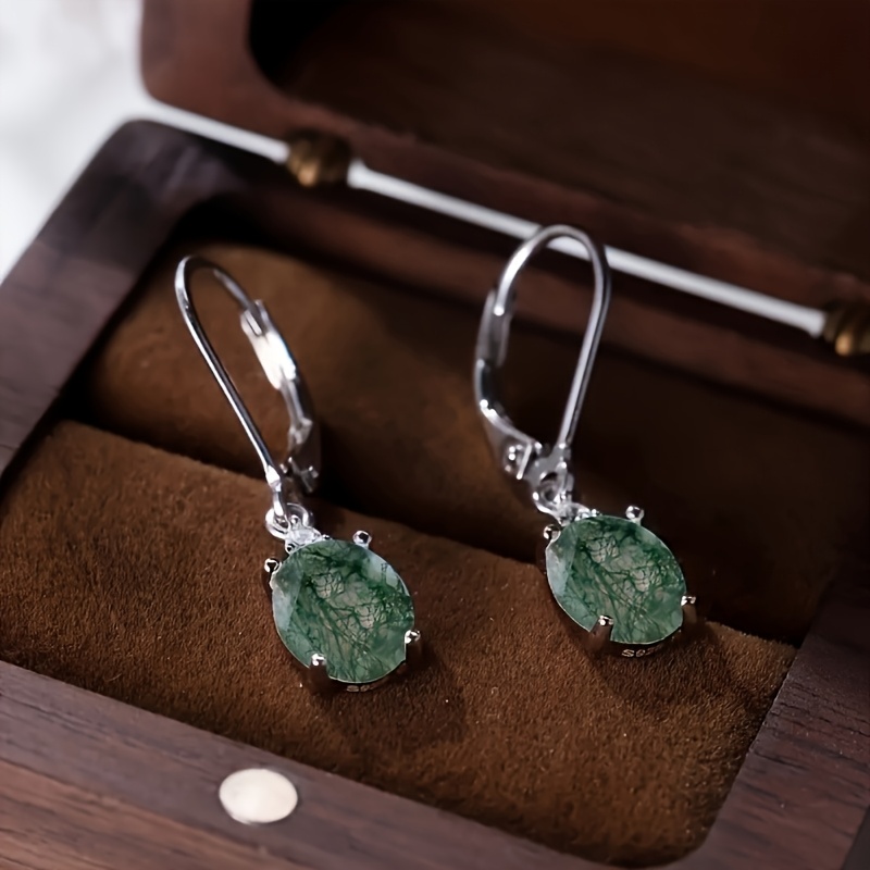 S925 Silver Oval Waterweed Pattern Earrings with Synthetic Zircon