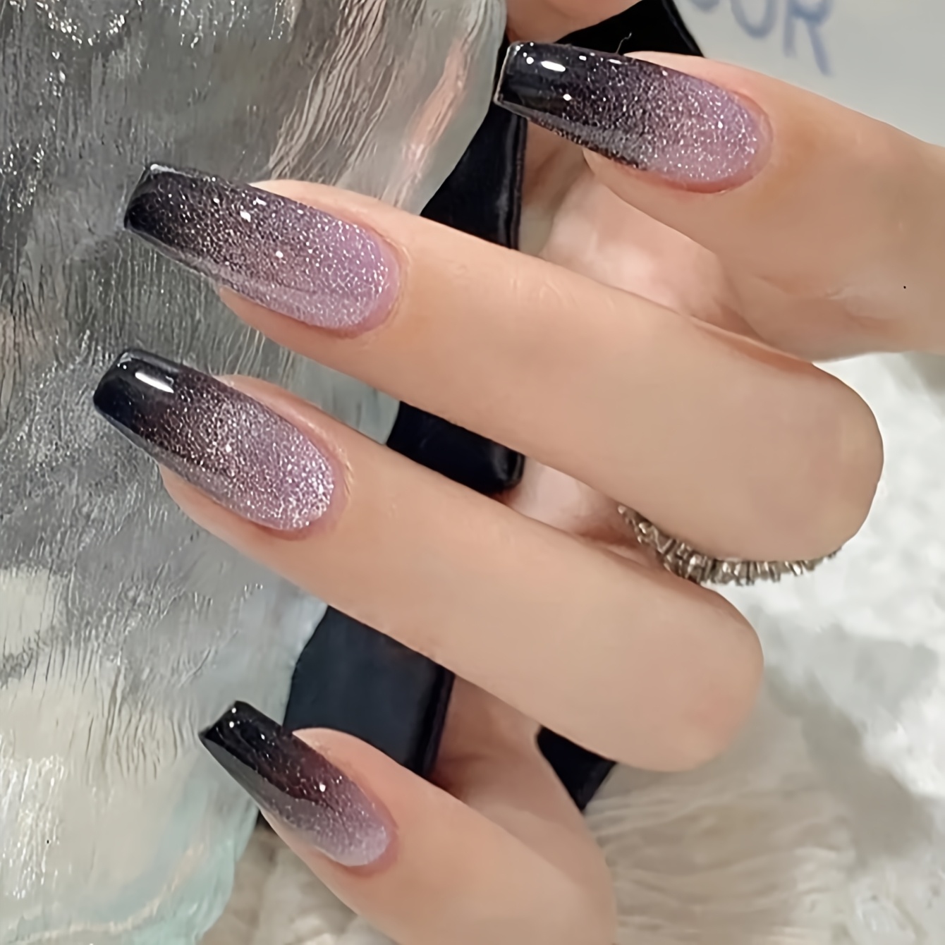 24pcs Set Women's Artificial Nails | Long With Strobe End And Glitter Pattern, Includes Jelly Glue And Nail File, Ideal For Parties, Dates, And Everyday Wear